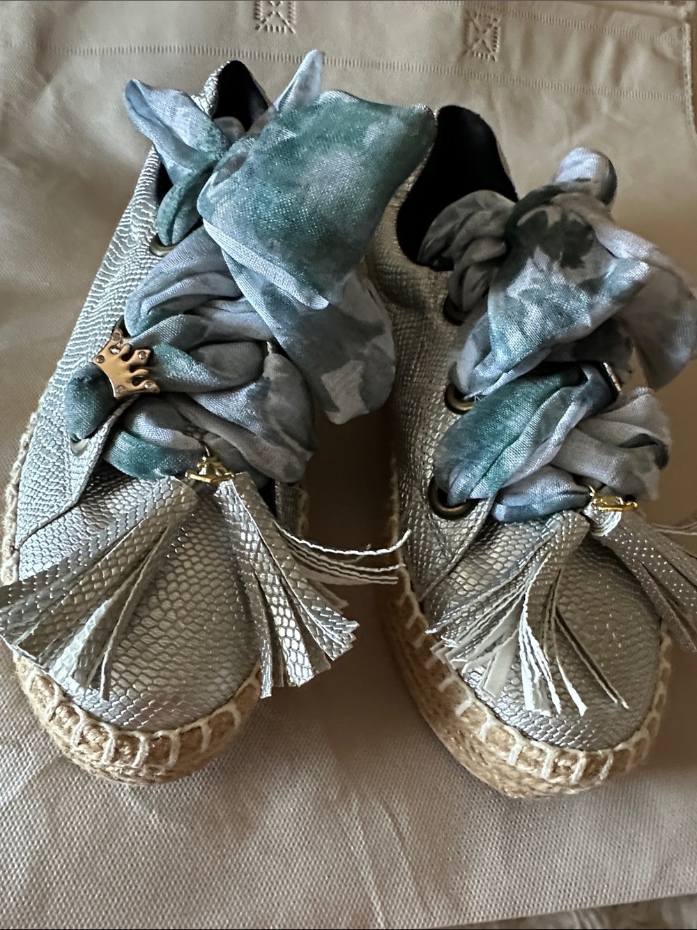 Womens Metallic Silver Espadrille Sneakers with Green Satin Laces